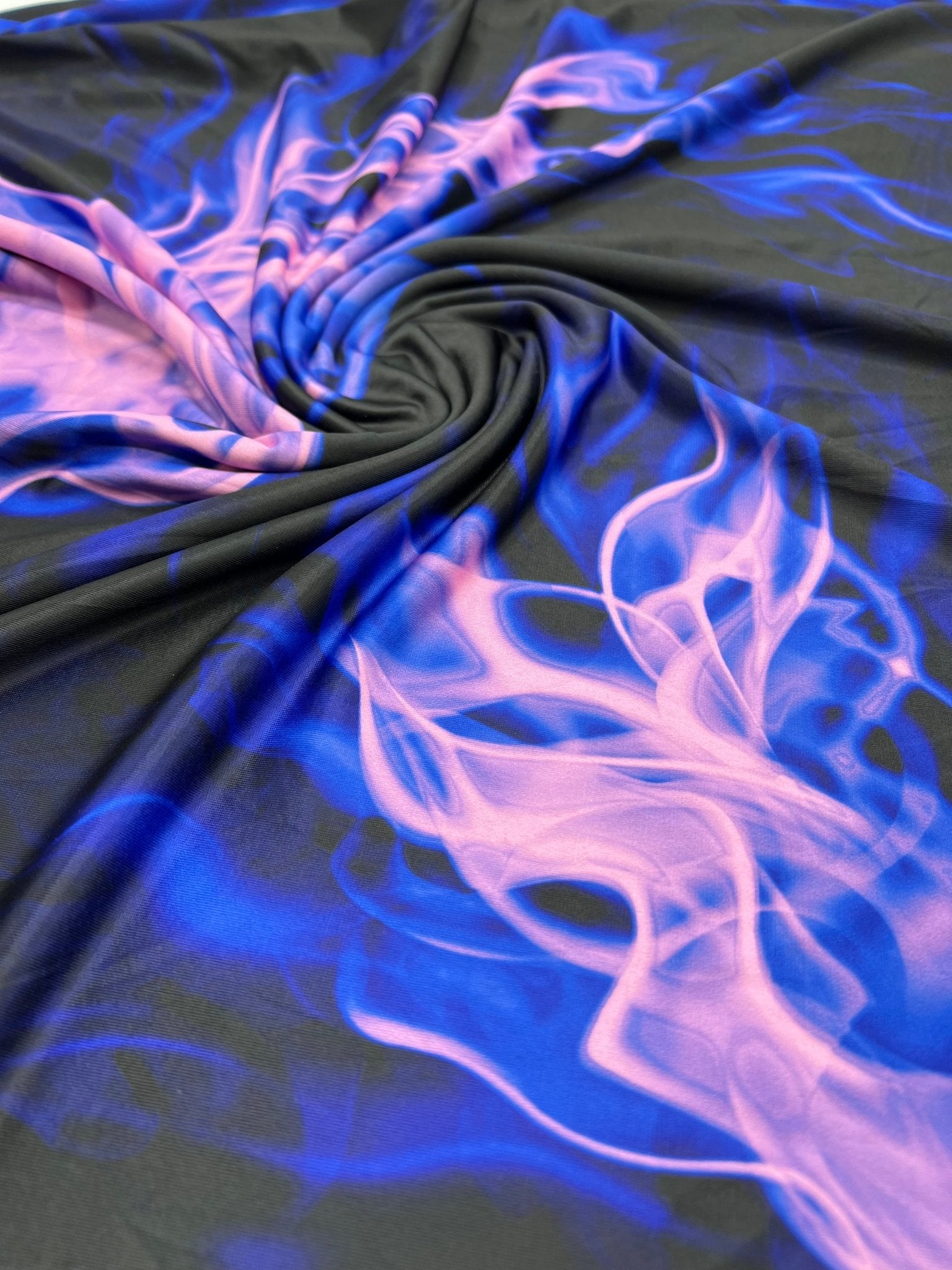 Black Blue Pink Flame Print Soft Touch 4 Way Stretch Fabric - T9 Fabrics